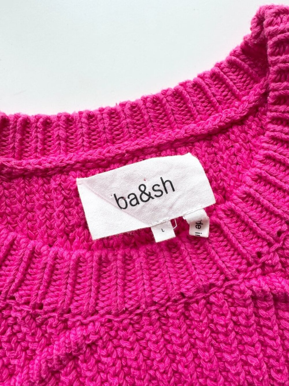 BA&SH Dabney Fuchsia Pink Cotton Knit Ribbed Puff Sleeve Sweater, Size L - Picture 13 of 16